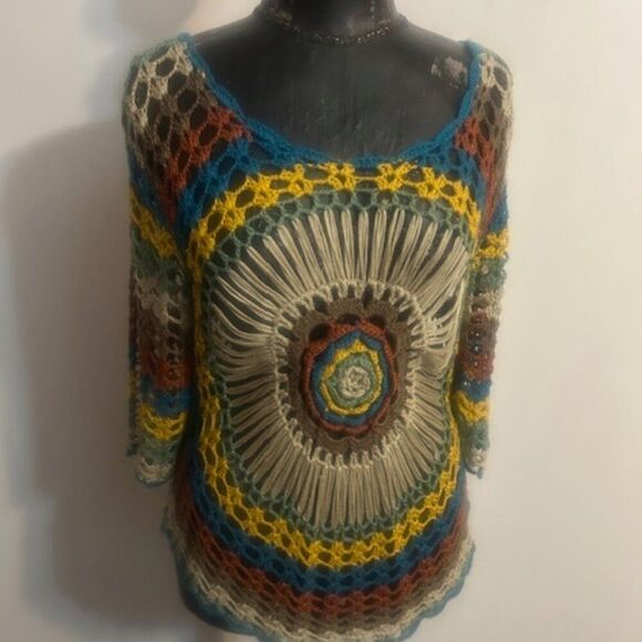 Sioni apparel multi-color 3/4 sleeves crochet sweater, size L/XL - Picture 1 of 4